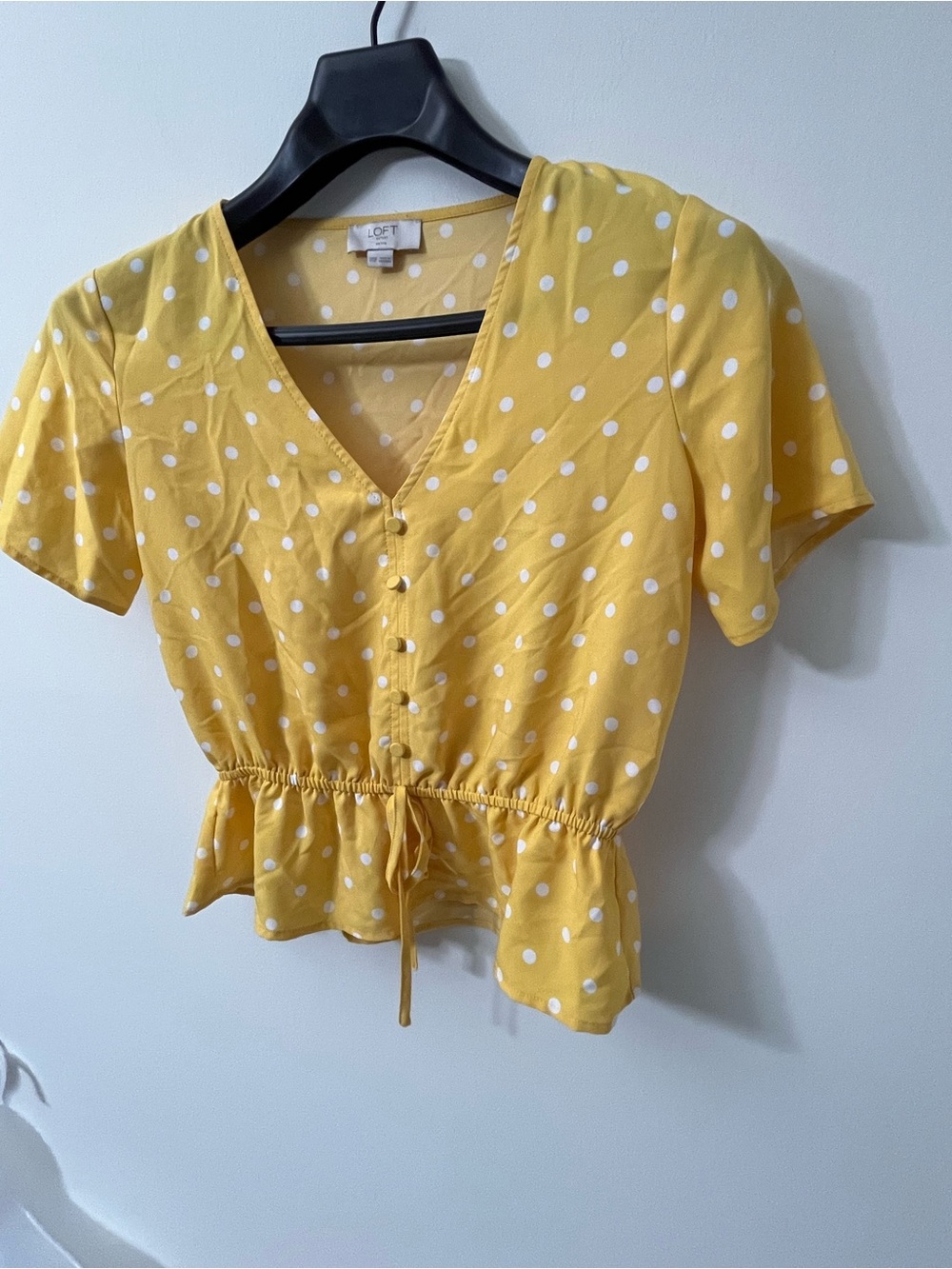 LOFT Yellow White Polka Dot V-Neck Peplum Blouse XXS - Picture 4 of 4